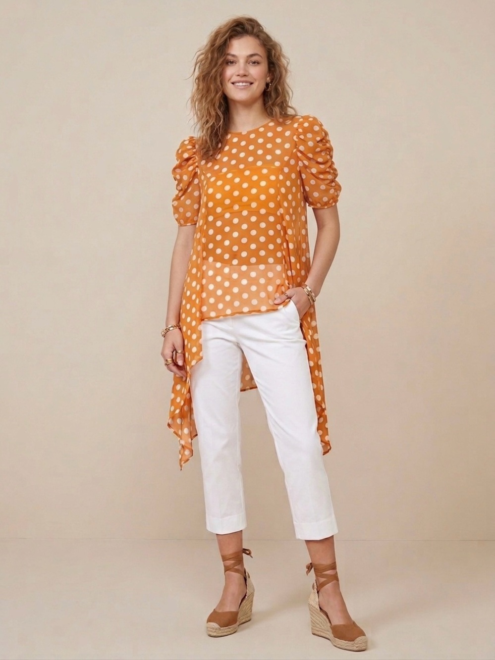 Polka Dot Scrunched Sleeve Tunic Top